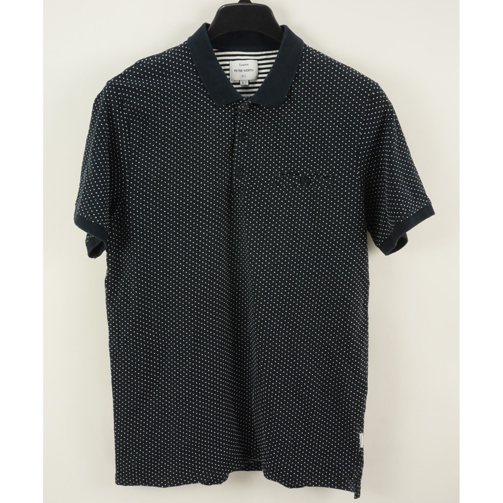 Peter Werth Mens Large Short Sleeve Navy Blue White Knit Intarsia Dot Polo Shirt